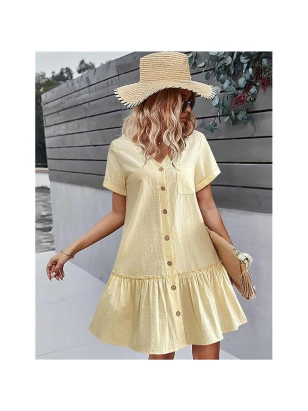 Women's Button Down Dress Loose Summer Cotton Linen Dress Ruffle Hem Tunic Dress - Picture 2 of 5